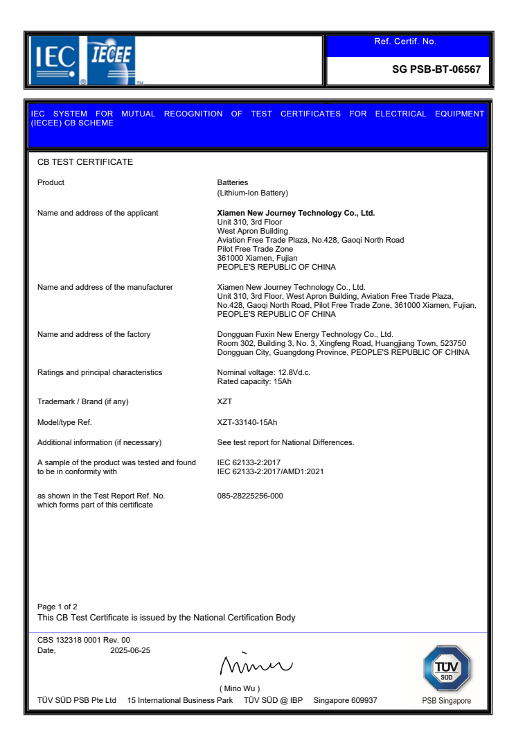 CB test certificate for XZT-33140-15Ah