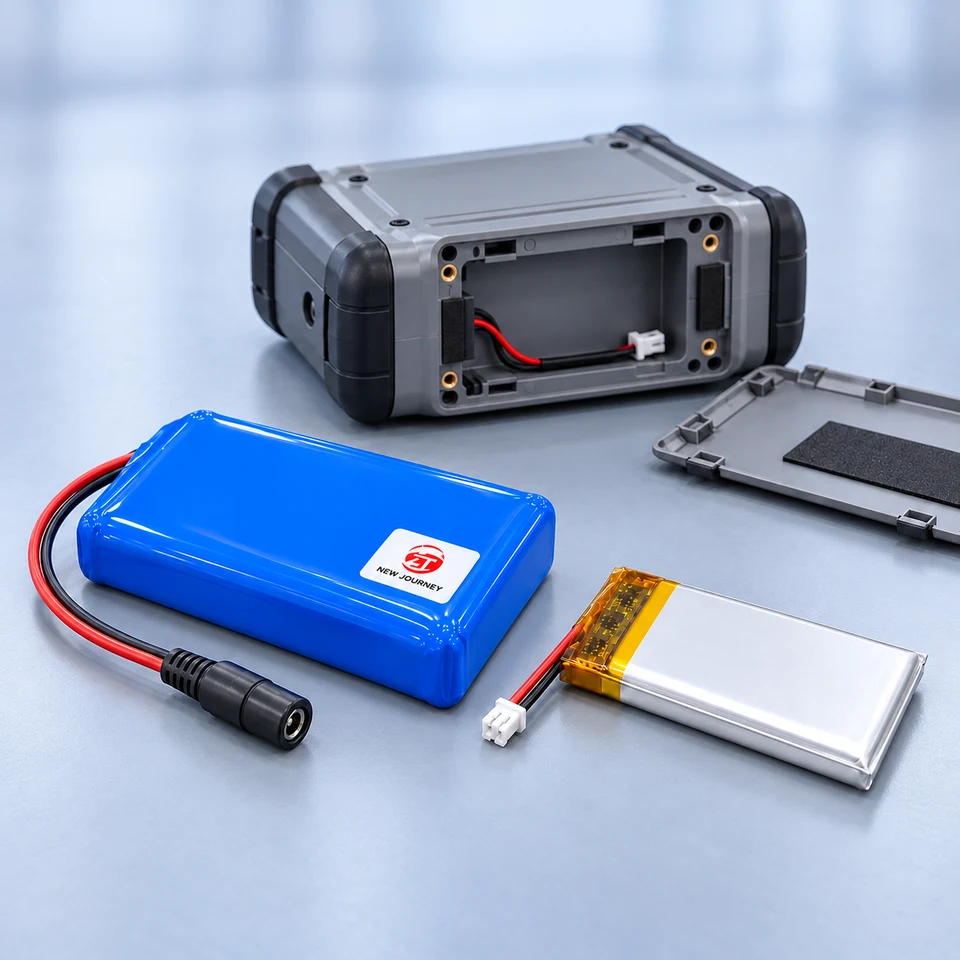 Embedded battery pack and pouch cell beside an open portable instrument battery compartment — application illustration