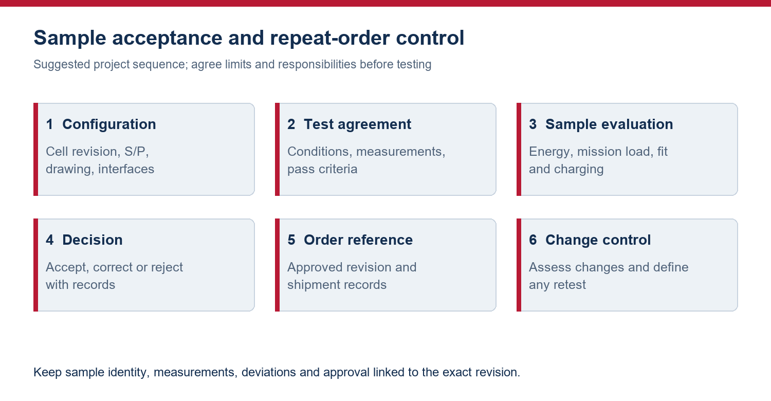 Sample-to-repeat-order acceptance sequence with configuration and change-control checkpoints