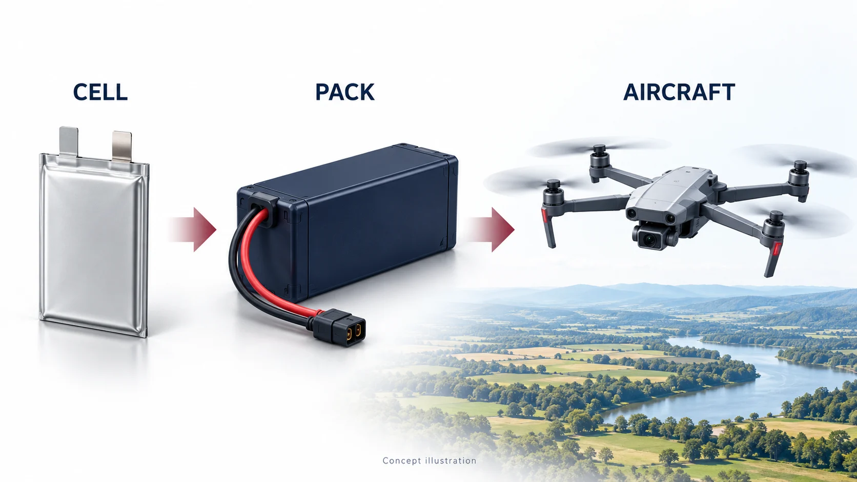 Concept illustration connecting cell technology, battery-pack integration and a civilian drone.