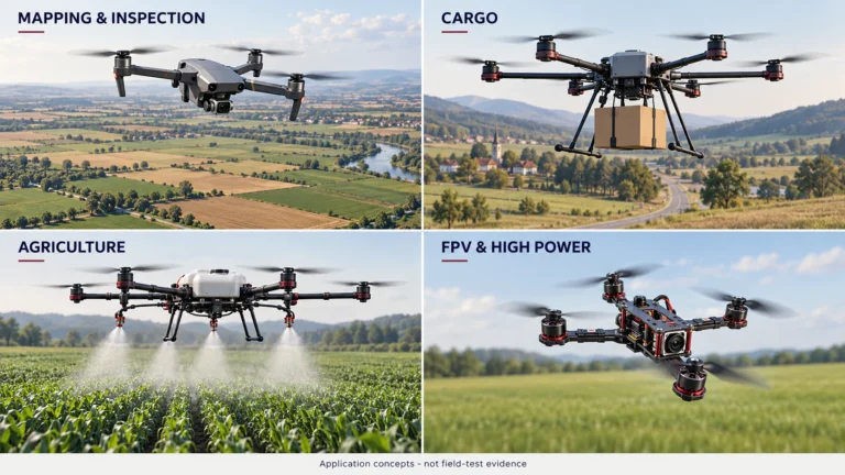 Concept illustration of civilian UAV mapping, inspection, cargo and agricultural applications